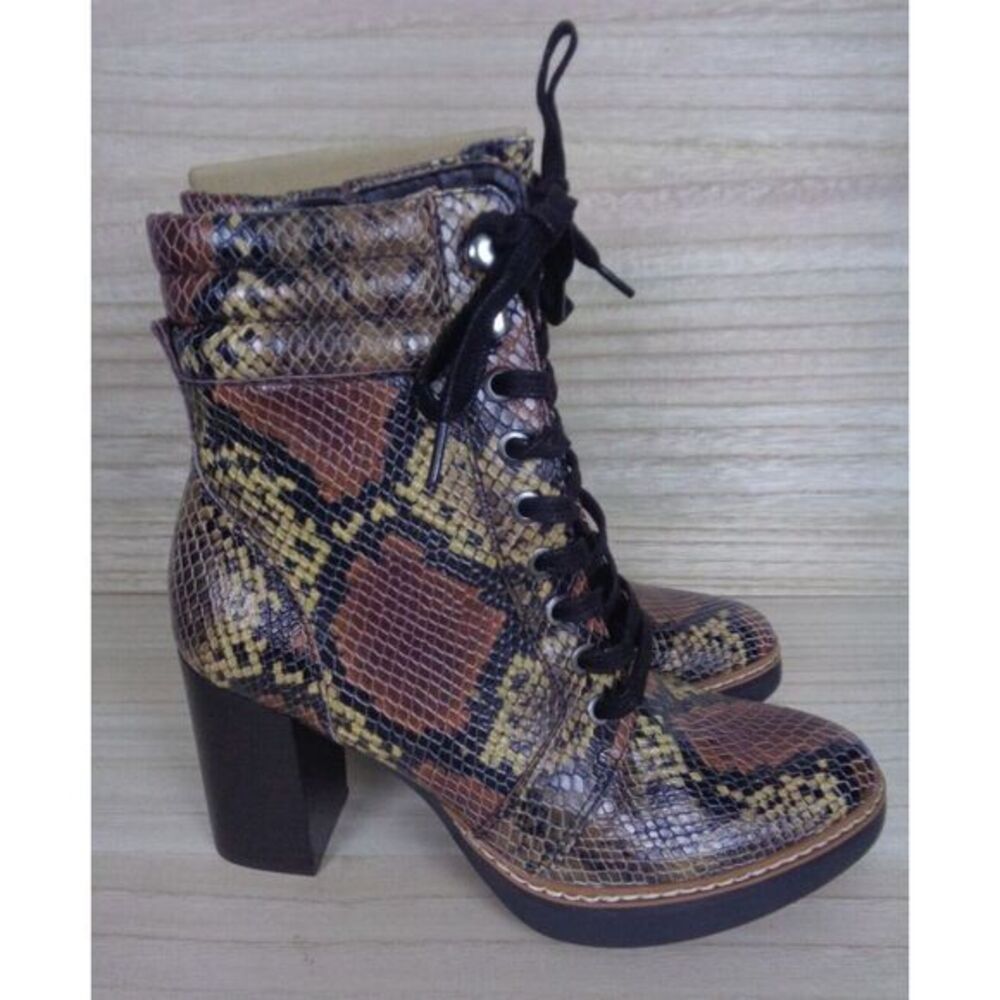 Naturalizer Womens Callie2 Leather Lace Up‎ Block Heel Combat Boot Tan Snake 7